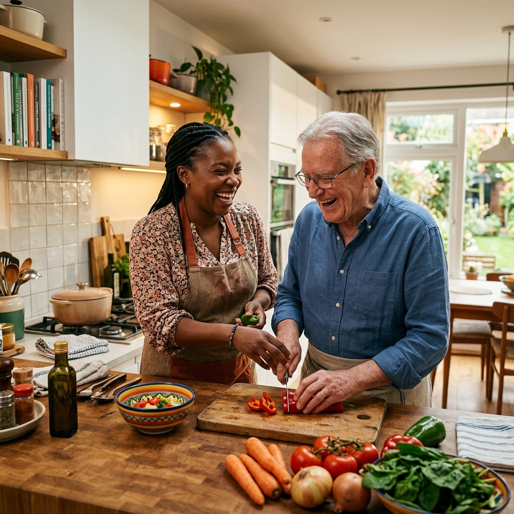 Caregiver and client preparing a meal together in a bright kitchen