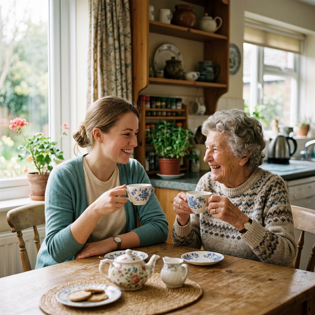 Caregiver sharing a warm moment with a client over tea